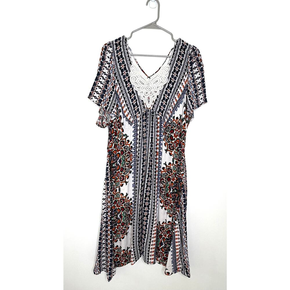 One World Boho Midi Dress XL Flutter Sleeve Crochet Detail Whimsy Festival Artsy